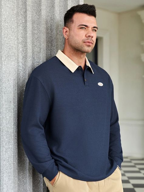 Outfits Con Camisa Polo, Collar Polo Shirt, Collar T Shirt, Men Plus Size, Collar Tshirt, Contrast Collar, Mens Polo Shirts, Blue And Black, Polo Shirts