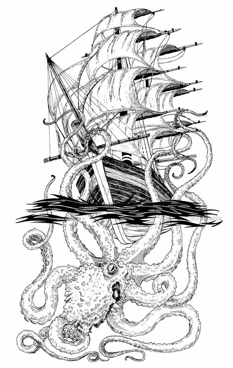 Octopus Ship Drawing, Octopus Drawings, Nautical Sleeve, Kraken Tattoo, Tattoo Coverup, Pirate Tattoo, Octopus Tattoos, Sea Tattoo, The Kraken