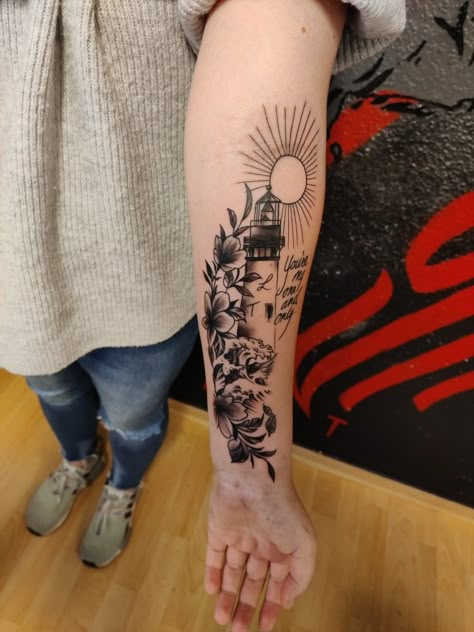 Lighthouse Sleeve Tattoo Women, Coastal Tattoos For Women, Light House Tattoo Design, Lighthouse Flower Tattoo, Female Lighthouse Tattoo, Lighthouse Tattoo For Women, Light House Tattoo, Traditional Lighthouse Tattoo, Nautical Tattoo Sleeve