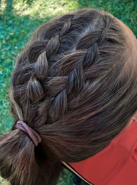 Braids Into High Ponytail, Recital Hairstyles, High Ponytail Braid, Dutch Braid Ponytail, Double Braids, Two French Braids, Track Hairstyles, Double French Braids, French Braid Ponytail