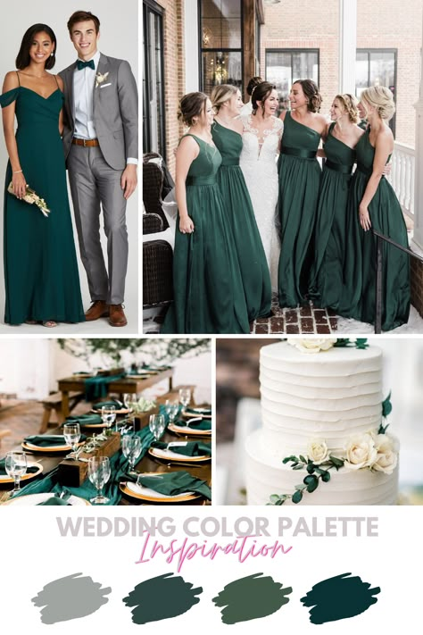 Wedding Colour Palette Inspiration I Wedding Inspiration I Wedding Theme I Color Palette I Couple Inspiration I Event I color scheme I Emerald Green Wedding Theme Hunter Green Wedding Colors Scheme, Olive And Emerald Green Wedding, Emerald Green Wedding Inspiration, Emerald Green Wedding Scheme, Hunter Green And Gray Wedding, Emerald Wedding Scheme, Emerald Green And Charcoal Gray Wedding, Winter Emerald Green Wedding, Emerald Green Bridal Party Color Schemes