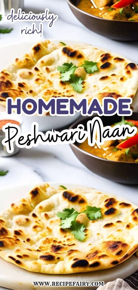 Master the art of making Delicious Homemade Peshwari Naan with this easy recipe. This fluffy, flavorful naan is filled with a sweet and nutty mixture of dried fruits and nuts, offering a perfect balance of sweetness and texture. Ideal for pairing with your favorite Indian curries, this naan adds a special touch to any meal. Enjoy the authentic taste of restaurant-quality naan right from your own kitchen with this straightforward recipe. Peshwari Naan Recipe, Naan Bread Recipe, Greek Gyros, Recipes With Naan Bread, Naan Recipe, Indian Curries, Unique Recipe, Indian Bread, Naan Bread