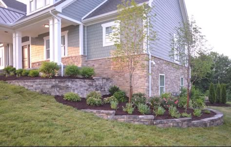 Great Landscaping idea to get to the exposed side yard Sloped Front Yard, Terraced Landscaping, Landscaping A Slope, Landscaping Around Trees, Side Yard Landscaping, Sloped Yard, Sloped Backyard, Landscaping Retaining Walls, Farmhouse Landscaping