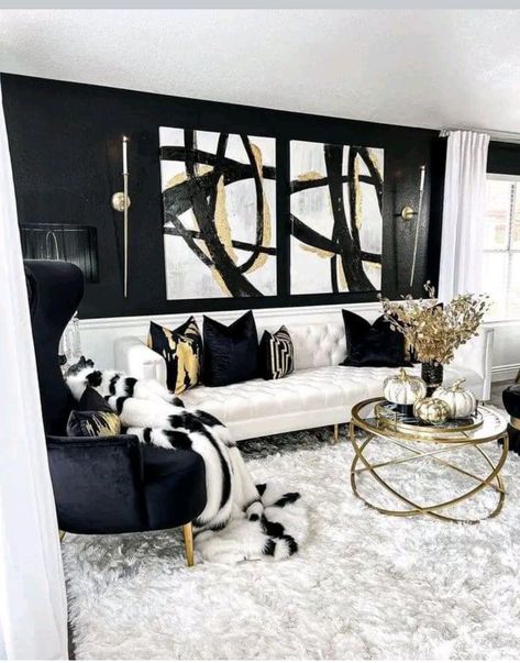 Center Window Living Room, Beautiful Homes Interior Decor Ideas, Black And White Living Room Luxury, Champagne And Black Living Room, Trendy Living Room Decor Colorful, Good And White Living Room, Modern Black And Gold Living Room, White And Black Living Room Ideas Modern, White Black And Gold Home Decor