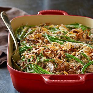 The Ultimate Green Bean Casserole with Crispy Fried Shallots | Williams-Sonoma    Husband asks, "Can we please have this as soon as possible?" :) Ultimate Green Bean Casserole, Shallots Recipe, William Sonoma Recipes, Shallot Recipes, Classic Green Bean Casserole, Blanching Green Beans, William Sonoma, Coquille Saint Jacques, Fried Shallots