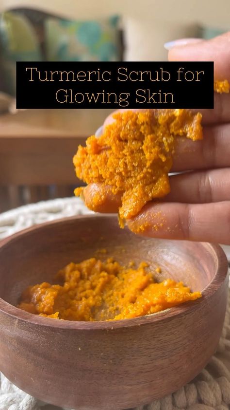 Skin Lightening Scrub Diy, How To Make A Tumeric Scrub, Turmeric Body Scrub Recipe, Face Ubtan Homemade, Home Scrub For Face, Turmeric Exfoliating Scrub, Skin Discoloration Remedies Diy, Tumeric Oil Recipes For Skin, Turmeric Sugar Scrub Recipe