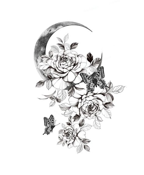 Moon Half Sleeve Tattoos For Women, Black And White Shoulder Tattoo Women, Women Skull Tattoo Sleeve, Floral Tattoo With Moon, Sleeve Tattoos For Women Black And White, Black And White Thigh Tattoos For Women, Black And White Arm Tattoos For Women, Black And White Flower Tattoo Cover Up, Skulls Flowers Tattoo