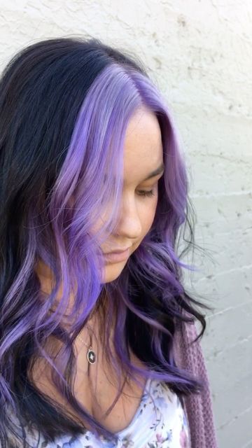 Lavender Hair Dye Ideas, Blond And Violet Hair, Black Hair Lavender Highlights, Two Toned Hair Purple, Pastel Purple And Black Hair, Blonde And Violet Hair, Shag Haircut Curtain Bangs, Two Tone Purple Hair, Hairstyles Shag