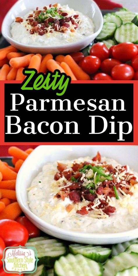 Zesty Bacon Parmesan Dip Best Chip Dip, Parmesan Dip, Melissas Southern Style Kitchen, Toasted Crostini, Crudite Platter, Bacon Dip, Dip Recipes Easy, Ranch Dip, Pita Chips