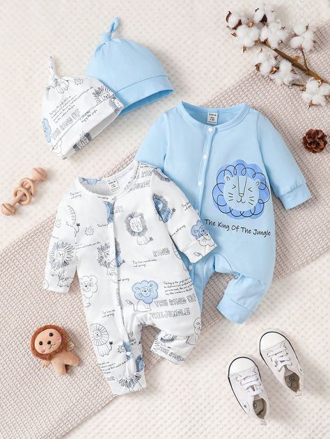 4pcs/set Baby Girl Casual Long-sleeved Slanted Button Lion Printed Pattern Thickened Jumpsuit For Autumn And WinterI discovered amazing products on SHEIN.com, come check them out! Baby Boy Winter Outfits, Cute Onesie, Baby Boy Dress, Lion Print, Simple Cartoon, Plastic Toys