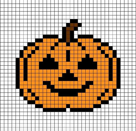 A festive pixel art template of a smiling cartoon, un-lit pumpkin. Graph Paper Art Halloween, Pixel Drawing Halloween, Jack O Lantern Pixel Art, Pixel Crochet Halloween, Pumpkin Grid Pattern, Halloween Crochet Pixel Grid, Easy Halloween Cross Stitch Patterns, Haunted House Pixel Art, Halloween Grid Art