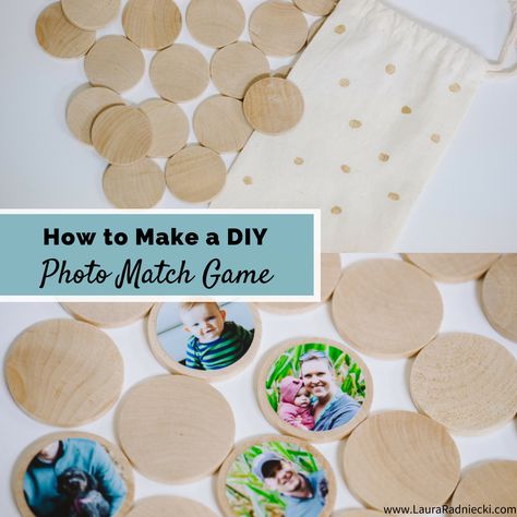 How to make a homemade diy photo memory match game out of photos and wooden circles. Could also teach colors, shapes and patterns too. A great gift! Matching Games For Toddlers, Memory Match Game, Memory Games For Kids, Match Game, Diy Gifts For Kids, Cool Gifts For Kids, Learn Crafts, Cadeau Diy, Games For Toddlers