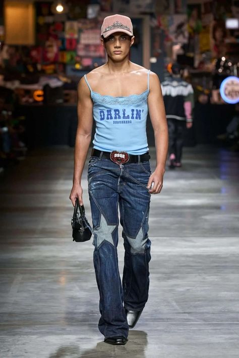 dsquared2 fall 2023 menswear runway fashion show nic kaufmann male model outfit Fall 2023, Fashion Show Collection, Classic Outfits, Fit Inspo, Outfits Ideas, Male Model, Distressed Denim, Runway Fashion, Cool Shirts