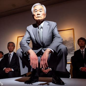 A senior Japanese businessmen is squatting with legs wide apart. He dresses in gray suits and ties. The man on the center has his hand resting on his thigh. He is illuminated by a spotlight. The background features a white wall adorned with a painting, and there are other people present, although their faces are visible. - Image Creator from Microsoft Bing Squat Pose, Suits And Ties, Gray Suits, Body Sketches, Formal Looks, White Wall, Create Image, Suit And Tie, Japanese Fashion