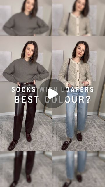 Sansha on Instagram: "How to choose the best colour of socks to wear with your loafers. Links in my LTK (link in bio). #howtostyle #styletips #styleadvice #loafers #minimalstyle #chicstyle" What Socks To Wear With Loafers, Burgundy Loafers Outfit Women, Brown Loafers Women, Loafers With Socks Outfit, Penny Loafers For Women Outfits, Socks With Loafers, Loafers For Women Outfit, Socks And Loafers, Loafers With Socks