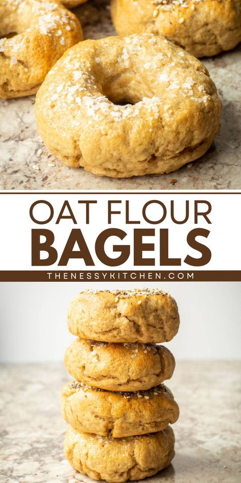 Learn how to make bagels with oat flour! 4 basic ingredients are all you need for this easy back to school recipe. Chewy and satisfying, these gluten-free bagels are a quick breakfast on the go you'll surely love! Gluten Free Flour Breakfast Recipes, Oat Flour Bagels, Oat Bagels Recipe, Oat Flour Breakfast, Oat Bagels, High Fiber Bagels, Gluten Free Oat Flour Recipes, Oat Flour Bread Recipe, Recipes With Oat Flour