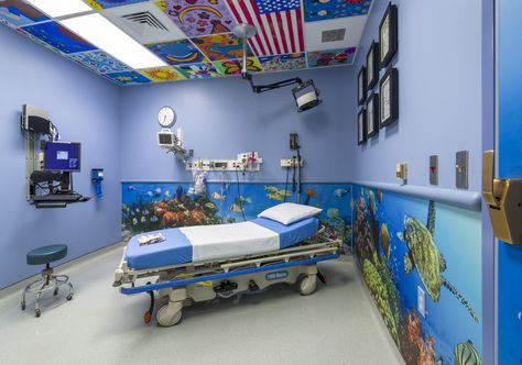 After: This Pediatric Emergency Room is bright and cheerful instead of cold and stressful. Hospital Emergency Room, Doctor Office Design, Hospital Emergency, Nursing Room, Pediatric Occupational Therapy, Children Hospital, Hospital Room, Hospital Design, Healthcare Design