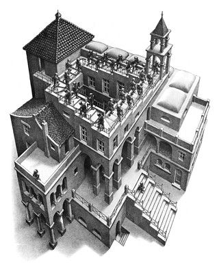 'Ascending & Descending' (1960) by Max Escher. Mc Escher Art, Formal Elements Of Art, Three Point Perspective, Escher Art, M C Escher, Art Beat, Mc Escher, Point Perspective, Art Plaque