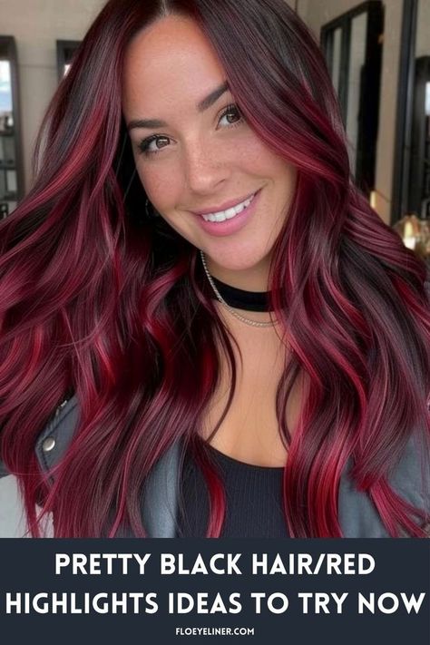 Halo Hair Colors, Red Balayage Highlights, Black Hair With Red Highlights, Black And Red Hair, Red Hair Trends, Black Red Hair, Highlights Ideas, Red Balayage, Black Hair Balayage