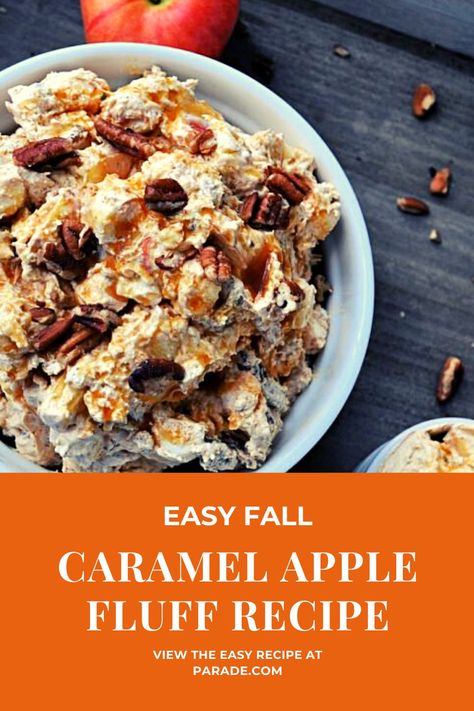 This Easy Caramel Apple Fluff Recipe is Instant Fall Flavor in a Bowl #caramel #apple #fluff #fallrecipes #fall #dessert https://parade.com/1092728/kristamarshall/easy-caramel-apple-fluff-recipe/ Apple Pie Fluff Salad, No Bake Caramel Apple Lush, Caramel Apple Lush Dessert, Apple Carmel Fluff, Caramel Apple Fluff, Apple Caramel Pie, Colossal Caramel Apple Trifle, Fall Caramel Apples, Cranberry Fluff