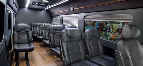 Interior of Mercedes Sprinter passenger van Sprinter Passenger Van, 15 Passenger Van, Luxury Rv Living, Luxury Transportation, Pink Car Accessories, Bus Interior, Luxury Van, Chartered Bus, Luxury Rv