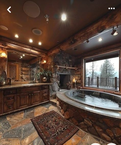 Cabin House Bathroom, Western Luxury Home, Fireplace In Bathroom, Country Bathroom Ideas, Country House Bathroom, Ranch Bathroom, Tub Fireplace, Cabin Style Homes, Bathroom Big