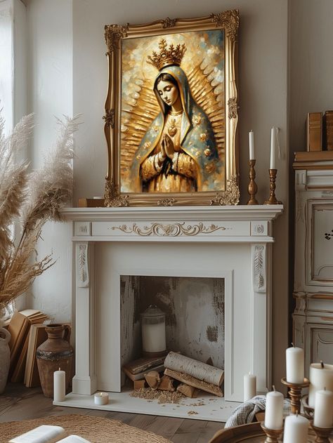 PLEASE NOTE, THIS IS A DIGITAL DOWNLOAD ONLY Our Lady of Guadalupe in a palette of creams and golds, using oil paint style. The piece reflects the elegance, serenity, and spirituality of the figure, inviting viewers into a contemplative experience. Your purchase will include 5 high resolution (300 dpi) . In PDF only  PDF files in the following sizes; 40x60 32x48 20x30 16x24 12x18 If you need a different size or format we have a Custom listing available https://www.etsy.com/listing/1780879954/cus Virgin De Guadalupe Altar Ideas, Catholic Home Altar Ideas Living Rooms, Our Lady Of Guadalupe Art, Lady Of Guadalupe Art, Mexican Catholic Art, Immaculate Mary, Mary Painting, Catholic Wall Decor, Mexican Wall Decor