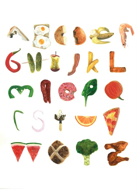 Letters With Food, Food Alphabet Letters, Food Letters, Food Alphabet, Food Lettering, Food Font, New Typography, Food Typography, Alphabet Drawing