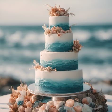 Fancy Wedding Cake Surf Wedding Cake, Beach Boho Wedding Cake, Sea Glass Wedding Cake, Beach Wedding Cake Ideas, Sea Wedding Cake, Seaside Wedding Cake, Wedding Cake Beach, Ocean Themed Cake, Ocean Theme Wedding