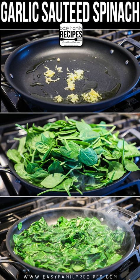 The BEST Sautéed Spinach - 5 Minute Side Dish - Easy Family Recipes Spinach Recipes Sauteed, Cooked Spinach Recipes, Spinach Recipes Side, Fresh Spinach Recipes, Easy Spinach Recipes, Cook Fresh Spinach, Baby Spinach Recipes, Spinach Side Dish, Spinach Recipes Healthy