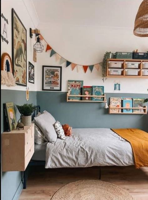 Scandi Boys Bedroom, Space And Dinosaur Bedroom, Dinosaur Boys Room Ideas, Simple Boys Bedroom Ideas, Boys Room 6 Yrs Old, Space Dinosaur Room, Bedroom For Toddler Boy, Small Bedroom Kids Ideas, Montessori Boys Room