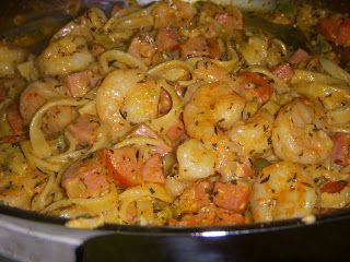 Cajun Shrimp & Sausage Pasta ~ I'm going to substitute chicken for shrimp Shrimp Sausage Pasta, Shrimp And Sausage Pasta, Shrimp And Pasta, Shrimp And Sausage, Resep Pasta, Sausage Pasta Recipes, Garlic Shrimp Pasta, Shrimp Sausage, Cajun Cooking