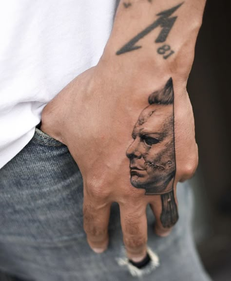 Michael Myers Portrait, Michael Myers Tattoo Design, Micheal Myers Tattoo, Michael Myers Tattoo, Is It Halloween Yet, Myers Tattoo, Tattoo Black And Grey, Movie Tattoos, Clever Tattoos