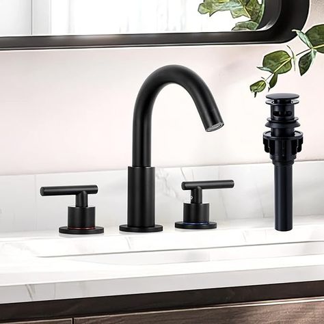 KZH Matte Black Bathroom Faucet 3 Hole, 8 inch Widespread Bathroom Faucet with Pop Up Drain, Bathroom Sink Faucet with 360° Swivel Spout, 2 Handle Vanity Faucet with Water Supply Hoses… - Amazon.com Matte Black Bathroom Faucet, Hookless Shower Curtain, Black Bathroom Sink, Black Bathroom Faucet, Vintage Style Bathroom, Matte Black Bathroom, Vanity Faucet, Plumbing Bathroom, Widespread Bathroom Faucet