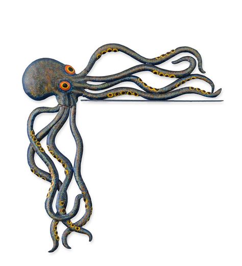 Handcrafted Reclaimed-Metal Octopus Door Crawler | Wind and Weather Metal Octopus, Octopus Decor, Octopus Wall Art, Orange Eyes, Oil Drum, Unique Decoration, Window Frame, Wall D, Home Wall Decor