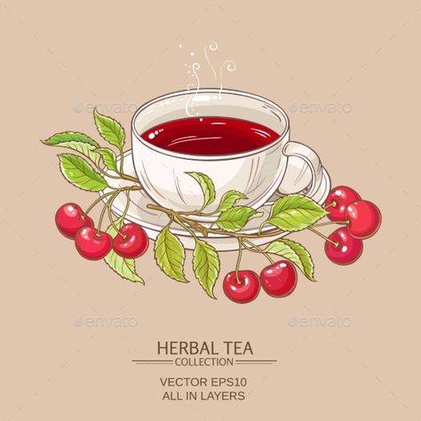 cup of cherry teaon color background Teapot Drawing, Healthy Illustration, Nature Objects, Drawn Food, Fruit Graphic, Cherry Tea, Berry Branch, Chibi Food, Tea Illustration