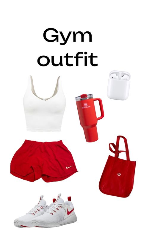 Red Athletic Outfit, Fitted Red Athletic Shorts, Red Casual Athletic Shorts, Red Sporty Workout Shorts, Casual Red Sports Bra, Affordable, Red And White Outfits, White Outfits, Gym Outfit, Red And White