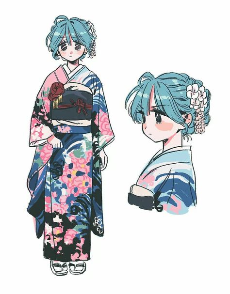 Kimono Drawing Anime Art, Cute Kimono Drawing, Kimono Drawing Ideas, Japanese Kimono Character Design, Japanese Outfit Drawing, Kimono Art Design, Kimono Art Reference, Kimono Drawing Design, How To Draw Kimono