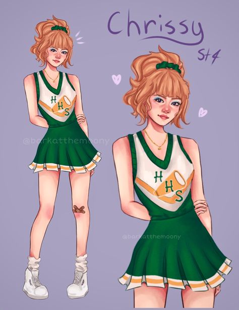 Chrissy Stranger Things Costume, Cheerleader Fanart, Chrissy X Robin, Chrissy Cunningham Outfit, Chrissy Cunningham Aesthetic Outfits, Chrissy Eddie Fanart, Chrissy Costume Stranger Things, Chrissy Cunningham Fanart, Chrissy Stranger Things