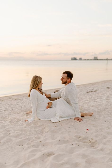 Sunset Maternity Session on the beach in Tampa Florida Maternity Photo Shoot On Beach, Maternity Beach Session, Winter Beach Maternity Photoshoot, Beach Maternity Photos With Dog, Beach Announcement Photos, Maternity Photography At Beach, Maternity Photos On Beach, Fall Beach Maternity Photos, Casual Beach Maternity Photos