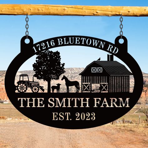 PRICES MAY VARY. Personalized Farmhouse Decor: Our personalized metal farm sign offer an extraordinary addition to your house decor! Personalize your own metal farm sign with your family name or custom text and it will be cherished by your family for years to come. The farm wall decor also lend rustic elegance to a wall or old world charm to an indoor and outdoor space. Best Unique Gift: This personalized metal ranch sign is perfect as holiday gifts, birthday gifts, wedding anniversary gifts, ho Metal Sign Display Ideas, Metal Custom Signs, Metal Address Signs, Metal Farm Signs, Modern Metal House, Wooden Farm Signs, Metal Ranch Sign, House Numbers Modern, Laser Cut Signs