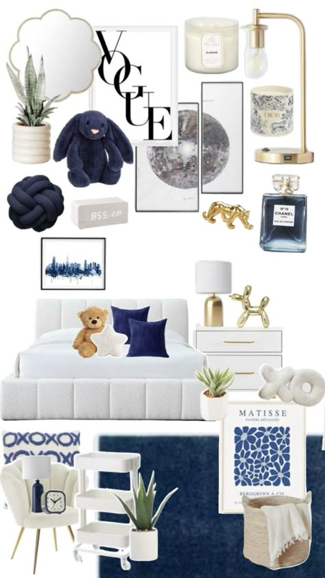 Navy Room Decor, Blue Themed Bedroom, Navy Blue Room, Blue And White Room, Navy Room, Ocean Room Decor, Blue Room Decor, Small Room Makeover, Gold Room Decor