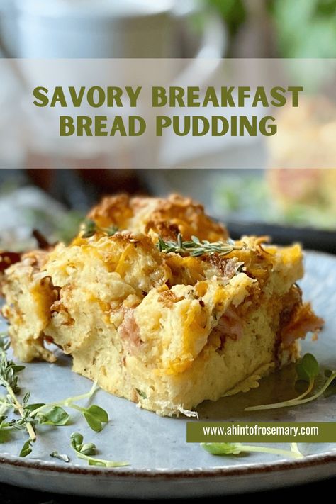 This Savory Breakfast Bread Pudding is a delicious strata that's layered with ham & cheese. Totally customizable. And better yet - it can be prepared the night before. 🌿 A Hint of Rosemary #ahintofrosemary #brunch #makeahead #crowdpleaser #kidfriendly #cheese #cheesy Savory Breakfast Bread, Breakfast Bread Pudding, Savory Bread Pudding, Cheese Strata, Savory Bread Puddings, Savory Bread, Breakfast Bread, Stale Bread, Ham Cheese