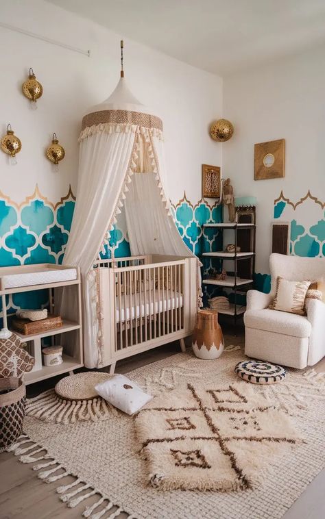 Exotic and Enchanting: Moroccan Nursery Theme Ideas - Home with Ava Mexican Themed Nursery, Indian Nursery Theme, Aladdin Nursery Theme, Moroccan Nursery, Cowboy And Indian Nursery, Boho Baby Nursery Cribs & Toddler Beds, Nursery Theme Ideas, Metal Crib, Moroccan Garden