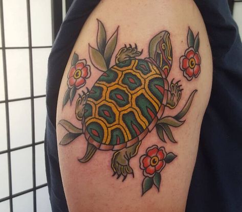 American Traditional Turtle And Flowers Arm Tattoo Terrapin Turtle Tattoo, Old School Turtle Tattoo, Traditional Giraffe Tattoo, American Traditional Turtle Tattoo, American Traditional Turtle, Turtle Shell Tattoo, Box Turtle Tattoo, Japanese Turtle Tattoo, Traditional Turtle Tattoo