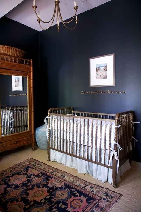 21 Dark Nurseries That Are Surprisingly Cheerful | Buzzfeed Dark Nursery, Nursery Ideas Boy, Black Nursery, Nursery Trends, Kids Bunk Beds, Blue Nursery, Dark Walls, Baby Rooms, Baby Boy Rooms