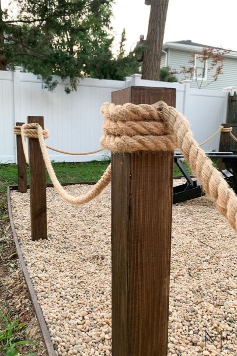 Nautical Rope Decor, Rope Fence, Nautical Outdoor Decor, Lake Landscaping, Outdoor Handrail, Outdoor Pool Area, Beach Patio, Railings Outdoor, Rope Diy