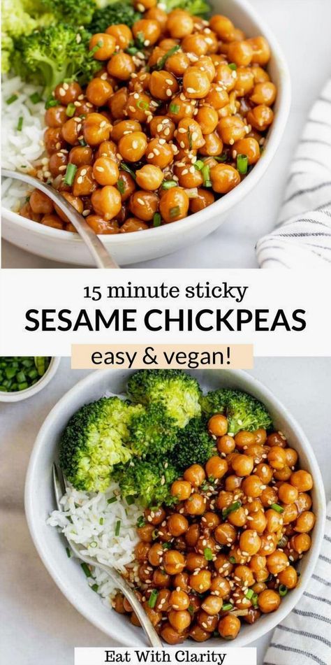 When you're not in the mood to cook, these vegan sesame chickpeas come to the rescue for a quick and satisfying weeknight meal. Ready in just 15 minutes, they pair wonderfully with steamed rice and broccoli. The simple, sticky sesame sauce makes this my top choice for enjoying chickpeas! Sesame Chickpeas, Rice And Broccoli, Orange Chicken Recipe, Sesame Sauce, Not In The Mood, Orange Chicken, Steamed Rice, To The Rescue, Food App