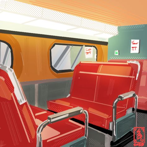 Inside Train Drawing, Train Inside, Train Seat, Pubmat Ideas, Train Illustration, Train Drawing, Inside Art, Cartoon Painting, Rush Hour