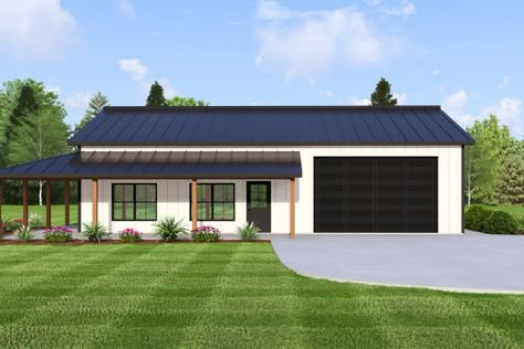 Barndominium Style House Plan - 3 Beds 1 Baths 1307 Sq/Ft Plan #1064-312 Barndominium For Narrow Lot, Basic 3 Bedroom Floor Plans, 3 Bedroom Home Floor Plans Barndominium, 1 Bedroom House With Garage, 2 Bed 1 Bath Barndominium, Small Two Story Barndominium Floor Plans, Simple Barndominium Ideas With Garage, Small Shop House Ideas, Small Barndominium With Garage